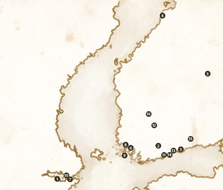 Karta som visar recepthandskrifternas hemorter i Finland och Sverige på 1700- och 1800-talen. 16 numrerade orter är utmärkta på kartan: 3 i Sverige, 13 i Finland.
